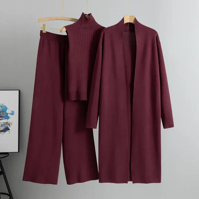 Women Knitted Three Piece Set – Stylish Vest, Cardigan & Pants Outfit - ZA-Zola