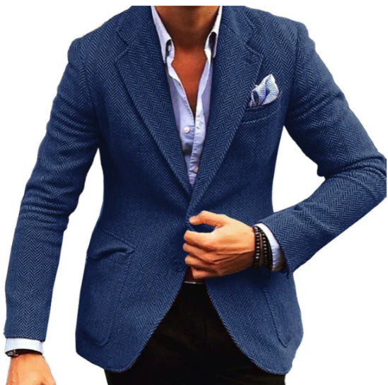 Blue blazer worn by a person on a white background