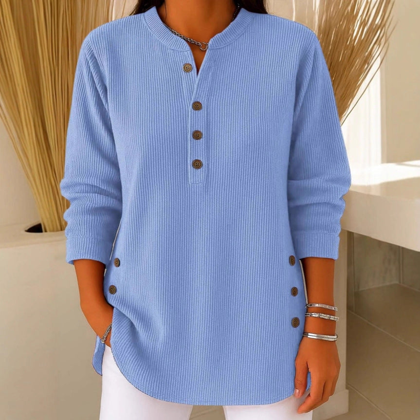 V-Neck Button Sweater Top | Women's Long-Sleeved Blouse