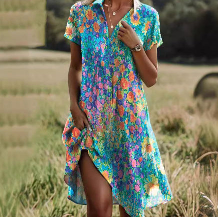 Woman wearing a colorful floral dress in a field
