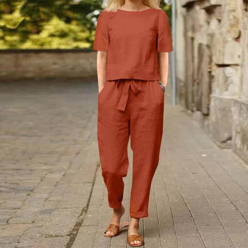 Woman in rust red short sleeve linen set with belted pants, stylish casual ZA-Zola fashion