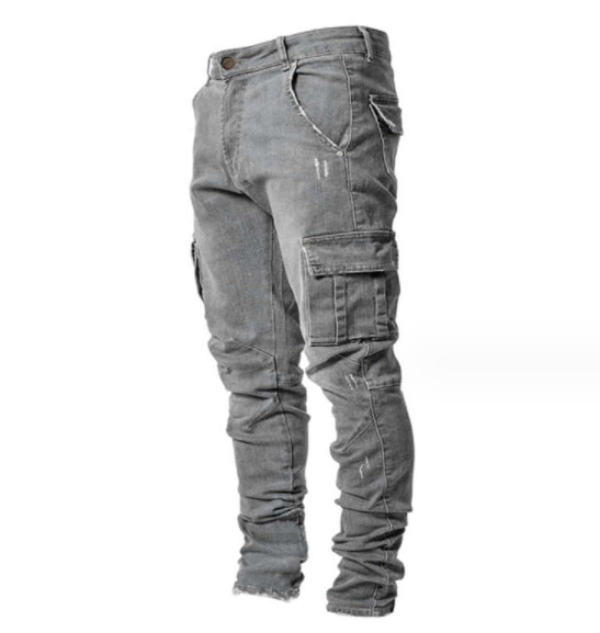 Gray cargo pants on a white background