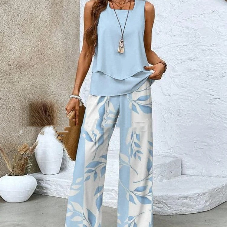 Printed Double Layer Vest Pants Set | Womens