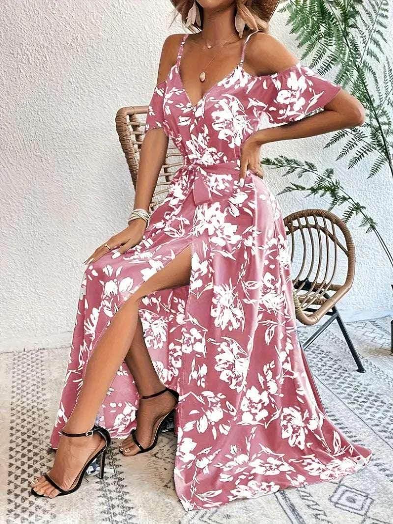 Ins Off-Shoulder Split Dress – Floral Summer Suspender Maxi with Belt - ZA-Zola