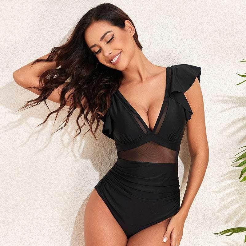 Black Ruffled Sleeve V-Neck Swimsuit | ZA-Zola - ZA-Zola