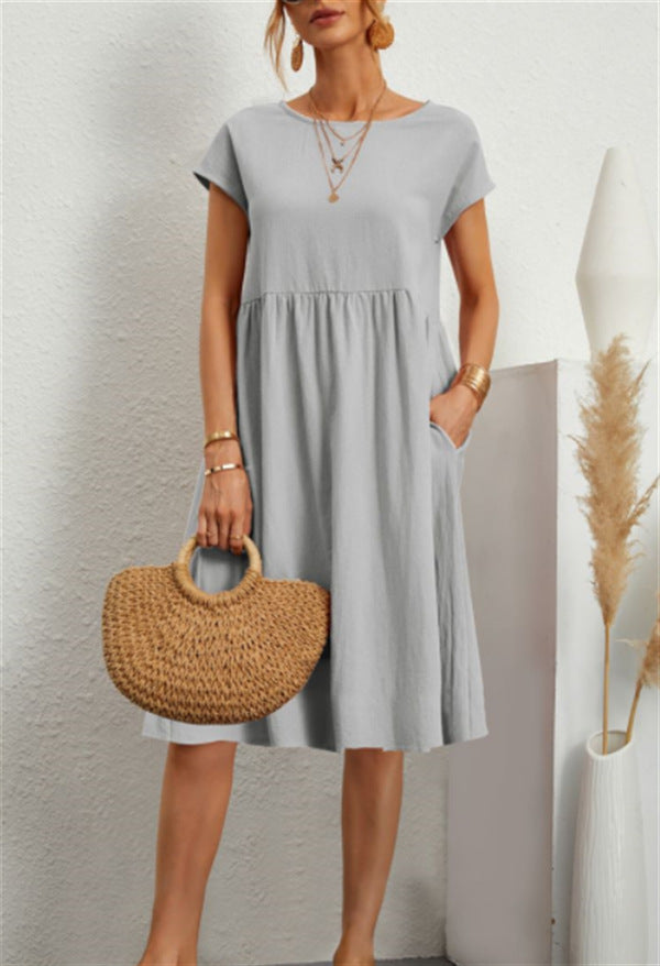Summer Short Sleeve Round Neck A-Line Dress With Pockets Women Solid Casual Cotton Summer Dress
