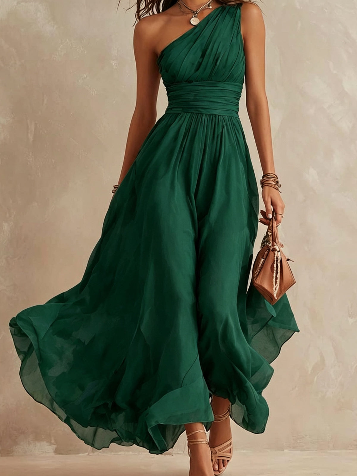 A woman wearing a flowing one-shoulder emerald green maxi dress, holding a small brown handbag against a textured beige studio backdrop.