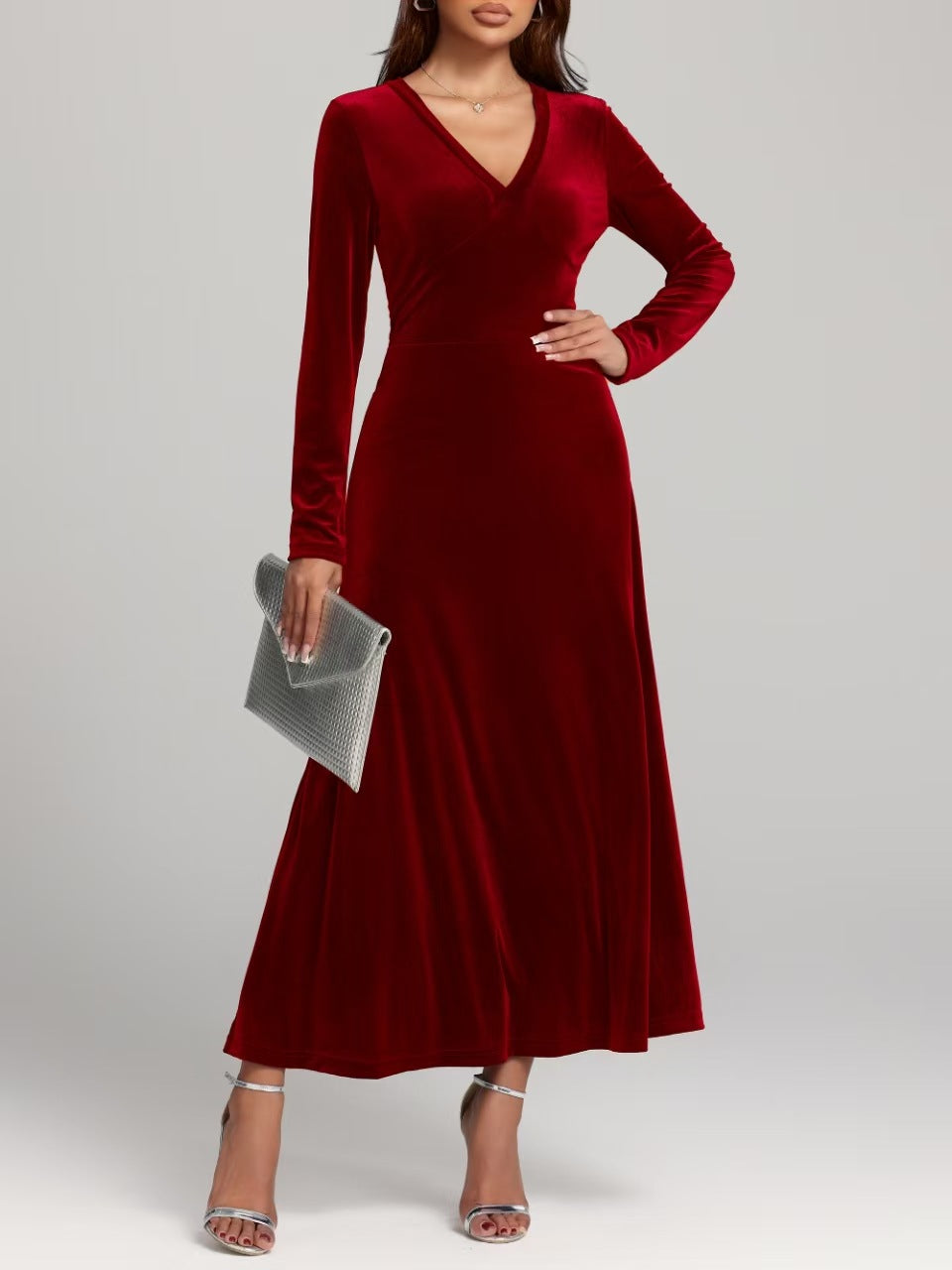 V Neck Velvet Dress | Long Sleeve Velvet Evening Dress 