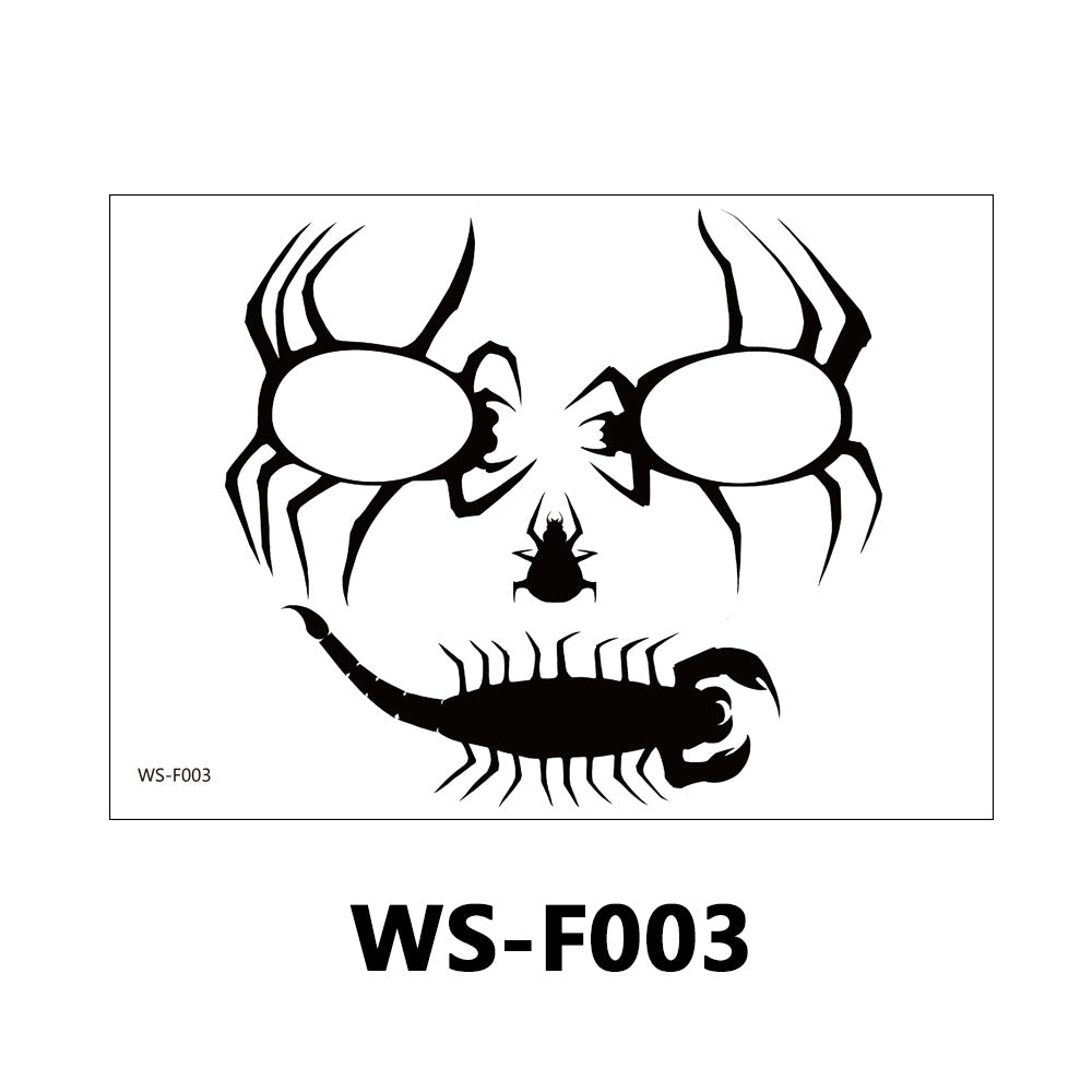 Black scorpion-themed mask design on a white background, with spider-like eyes and a large scorpion across the lower half. Text 'WS-F003' appears below the design.
