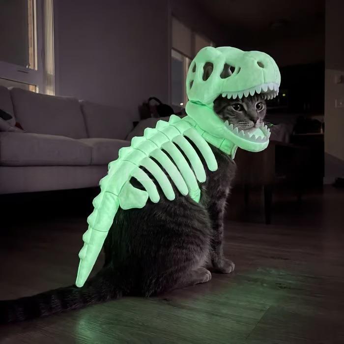 A gray tabby cat wearing a glowing green dinosaur skeleton costume, sitting on a wooden floor in a dimly lit living room.