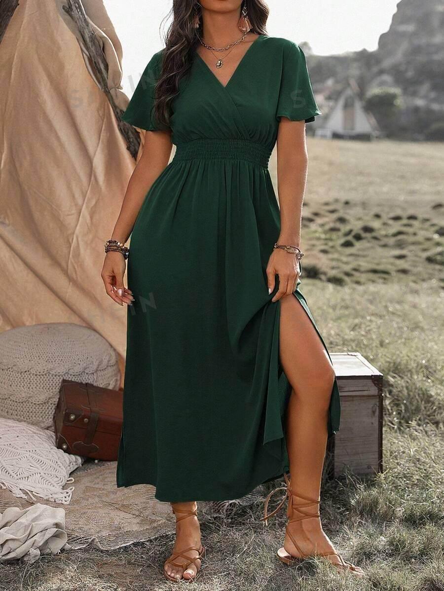 Elegant V-Neck Bell Sleeve Long Slit Dress - ZA-Zola