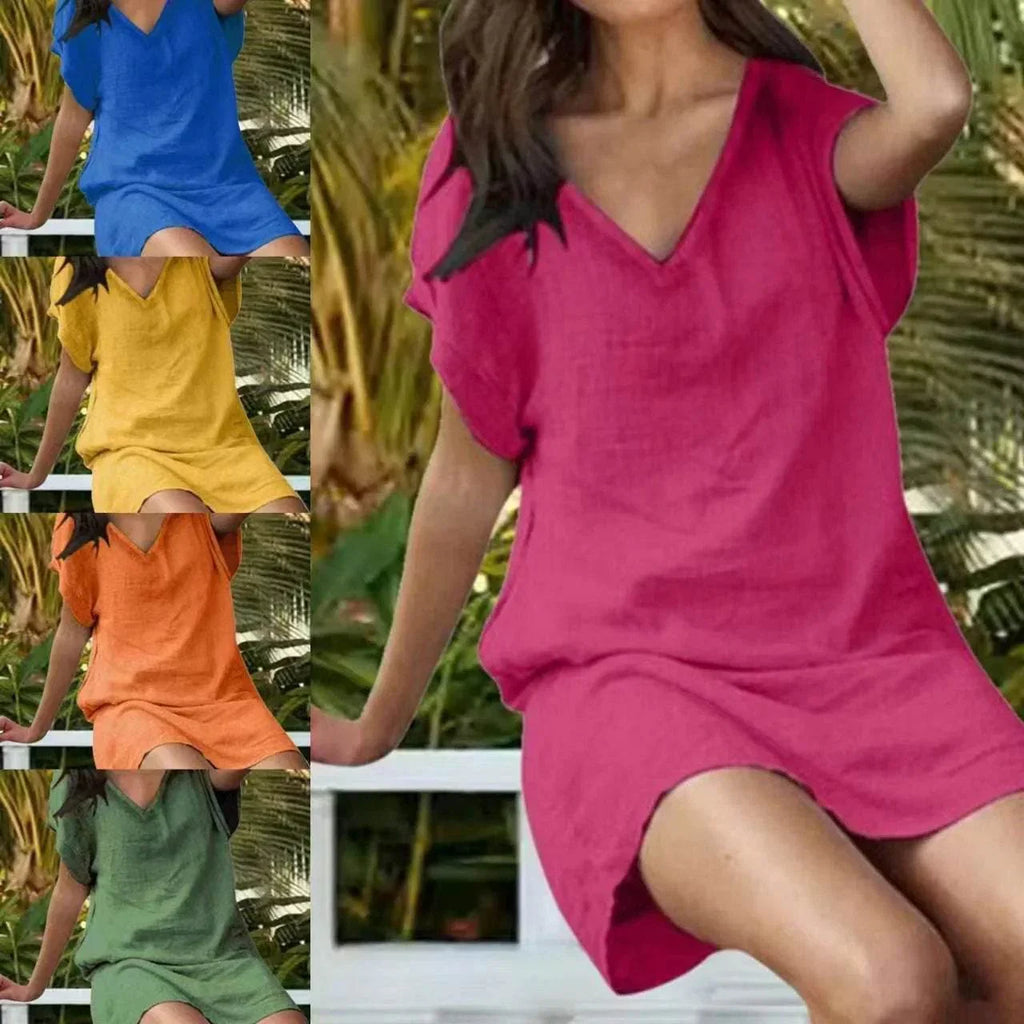 Stylish Loose V-Neck Summer Dress with Pockets - ZA-Zola