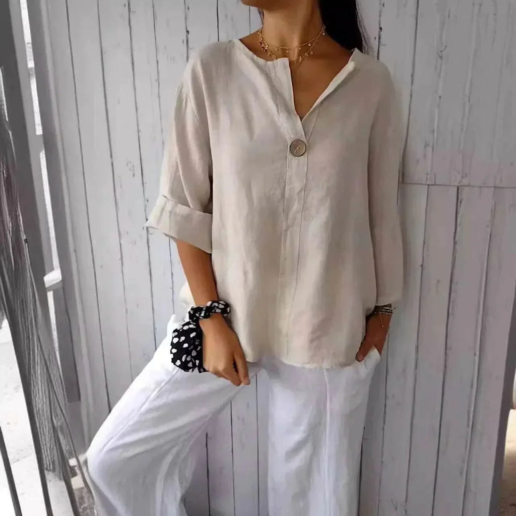 Loose Cotton Linen V-Neck Button Top for Women - ZA-Zola