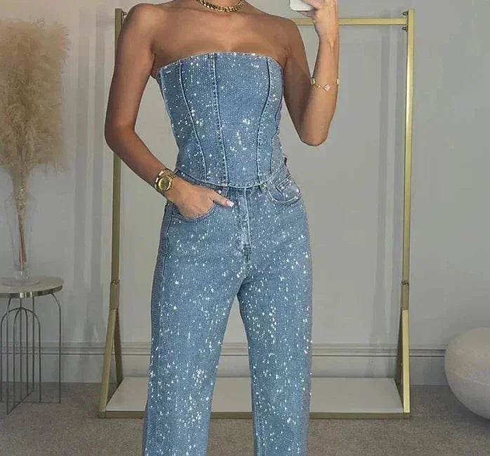 Woman wearing trendy denim sequin corset top and jeans, ZA-Zola UK fashion style