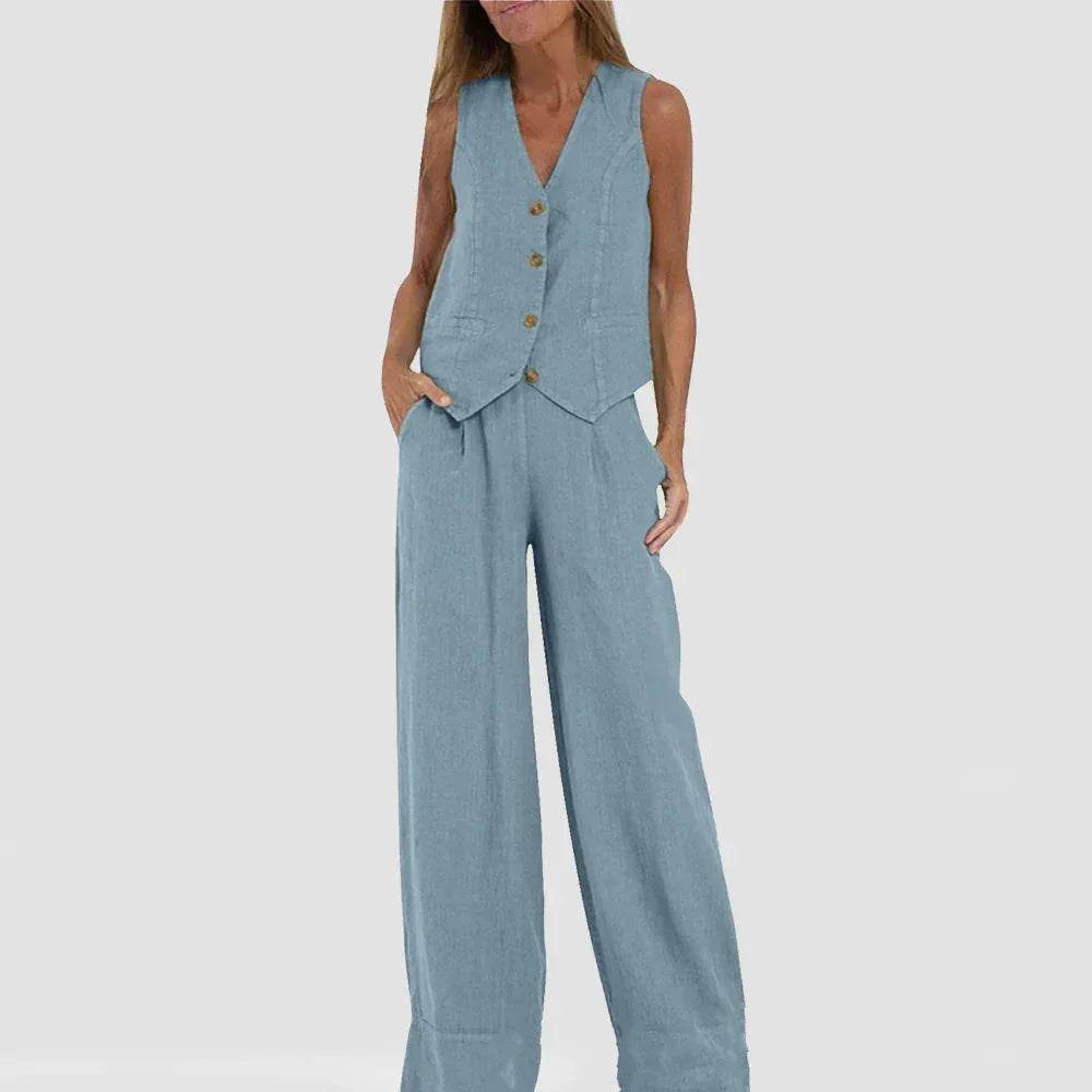 Woman wearing a light blue sleeveless vest and wide-leg pants set from ZA-Zola fashion