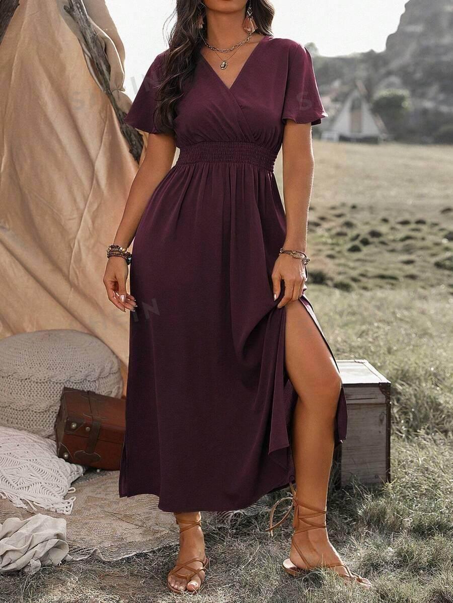 Elegant V-Neck Bell Sleeve Long Slit Dress - ZA-Zola