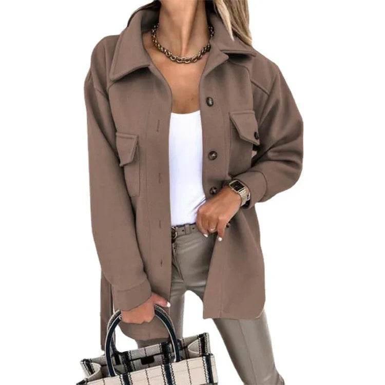 Long-Sleeved Temperament Solid Color Lapel Woolen Coat - ZA-Zola
