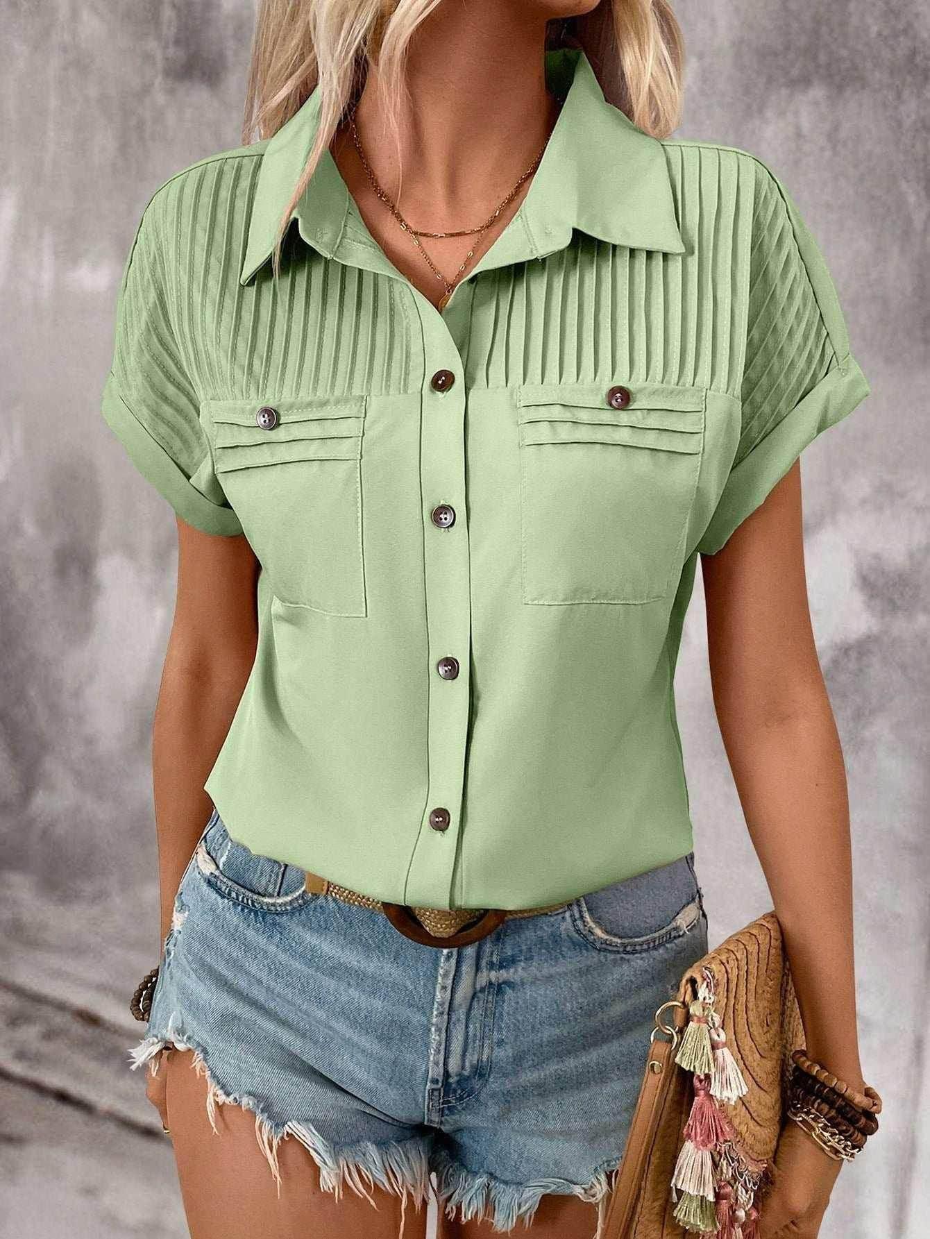 Pleated Pocket Lapel Short Sleeve Top for Women - ZA-Zola