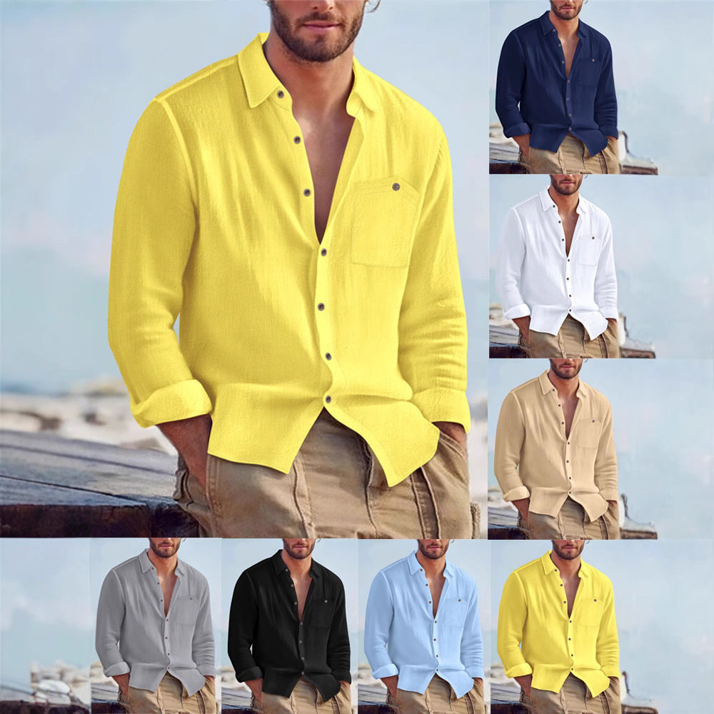 Collage of a man wearing a yellow shirt with additional shirts in different colors displayed.