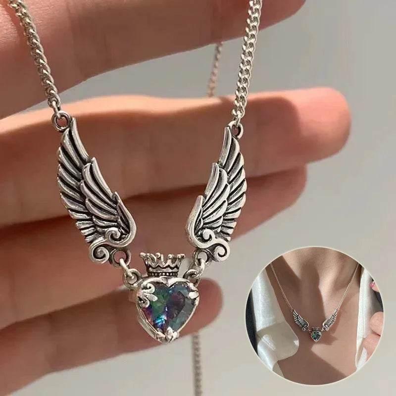 Vintage Gothic Heart Crown Necklace for Women – Angel Wings - ZA-Zola