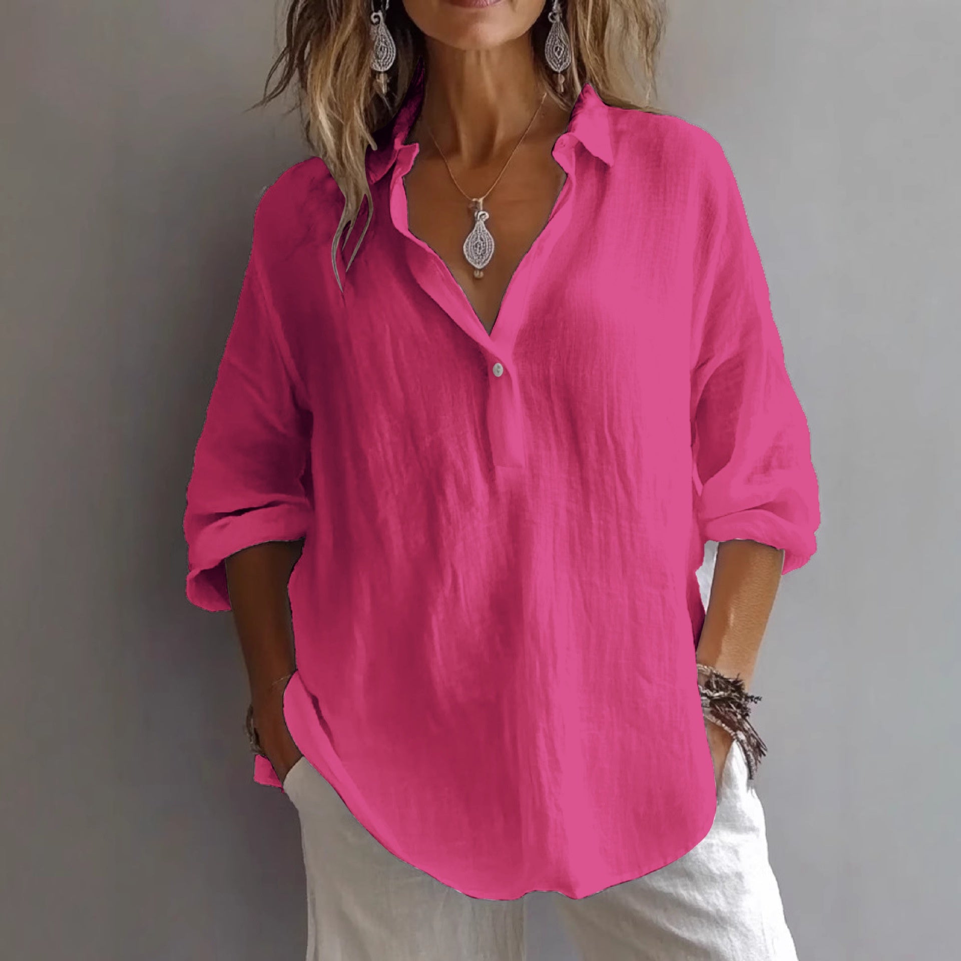 Fashion Loose Lapel Pullover 3/4 Sleeve Casual Shirt