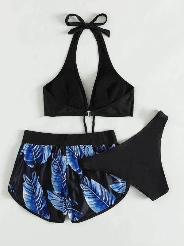 3pcs Leaf Print Bikini with Shorts - Stylish Summer Swimwear - ZA-Zola