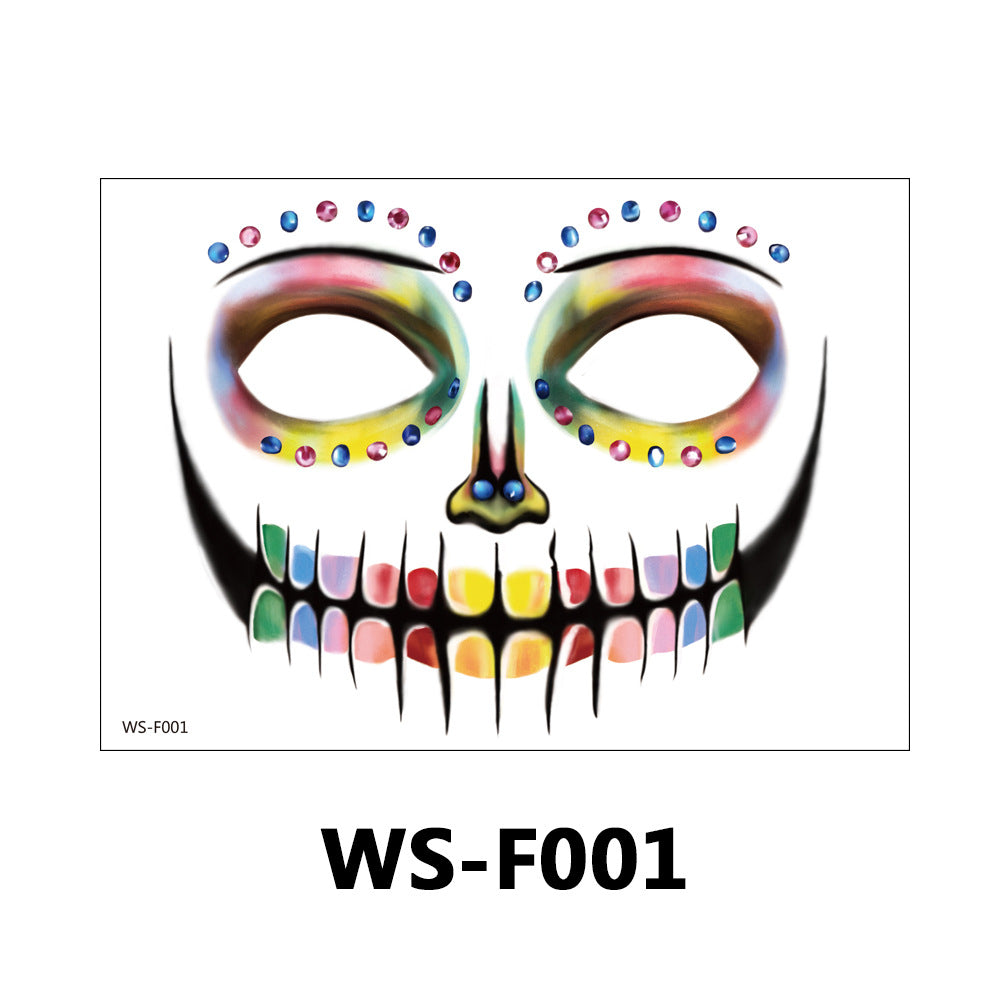 A colorful temporary face mask template featuring a sugar skull design with rainbow-colored teeth, nose, and eye outlines, plus small jewel accents. The mask is shown on a white background with the code WS-F001 printed below.