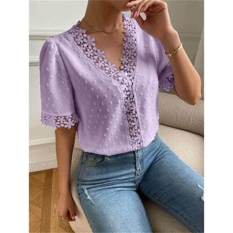 Floral Lace V-Neck Puff Sleeve Summer Top Women - ZA-Zola