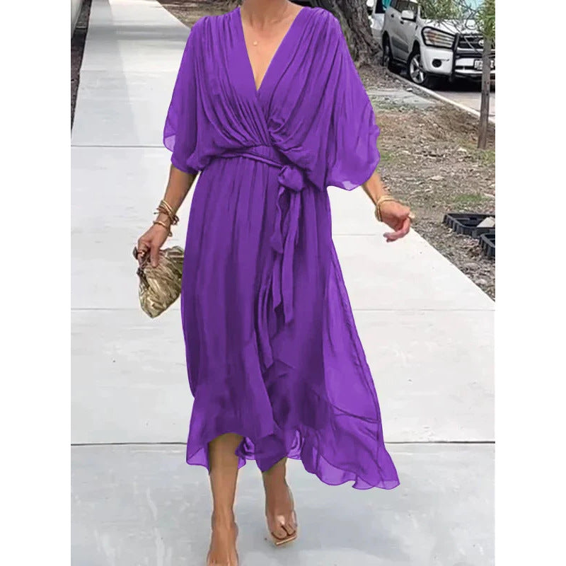 Batwing Sleeve V Neck Irregular Summer Dress Women Pure Color Tied Long Flowing Elegant Casual Womens Clothing