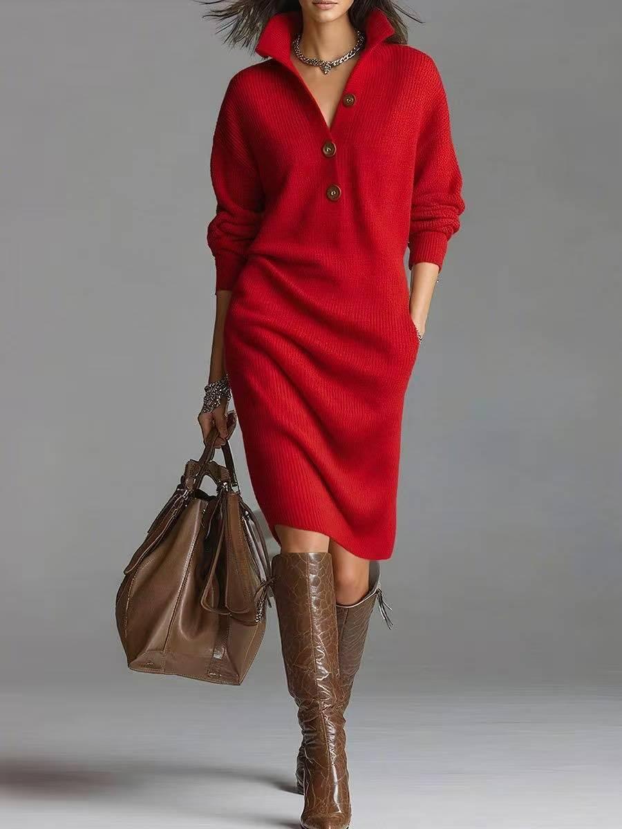Winter Sweater Dress Women – Warm Long-Sleeve V-Neck Pullover - ZA-Zola