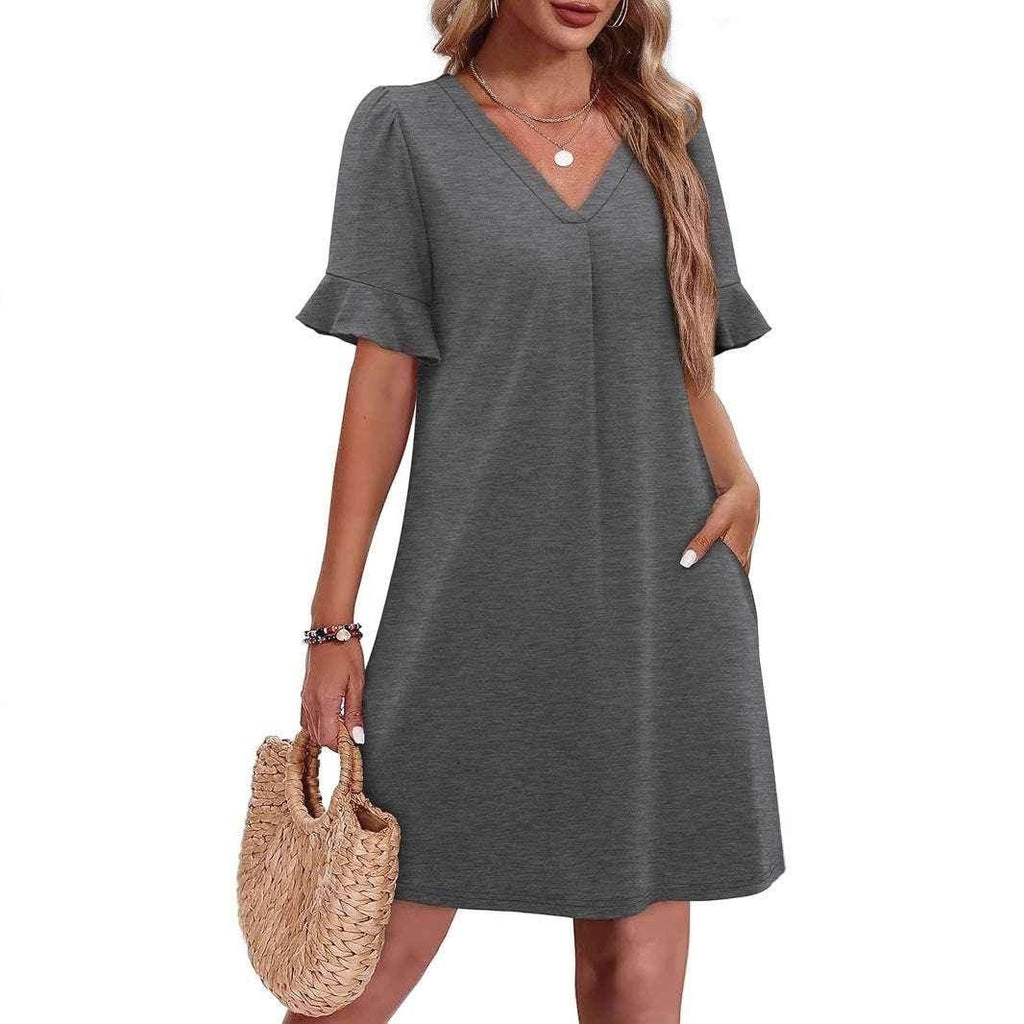 V-Neck Ruffled Vacation Dress with Pockets – Women - ZA-Zola