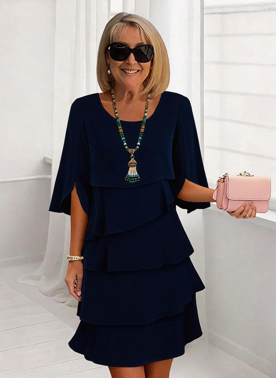 Round Neck Patchwork Cake Skirt Midi Dress for Women