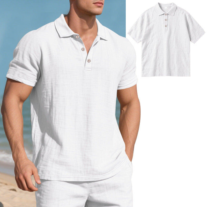 Man wearing a white polo shirt on a beach with a close-up inset.