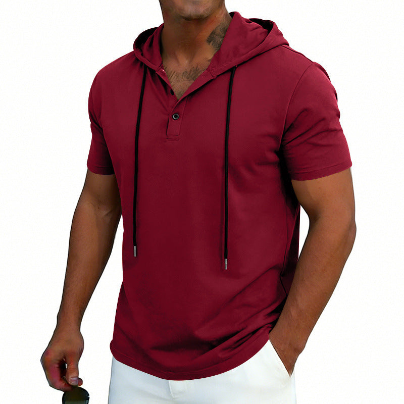 Red short-sleeve hoodie worn by a person on a white background