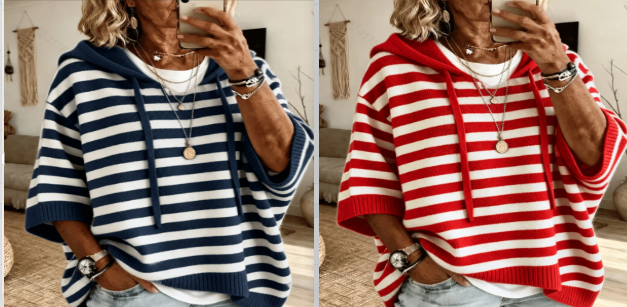 A side-by-side comparison of two striped knit hooded sweatshirts worn by a model taking a mirror selfie. The left sweatshirt features navy blue and white horizontal stripes, and the right sweatshirt features red and white horizontal stripes.