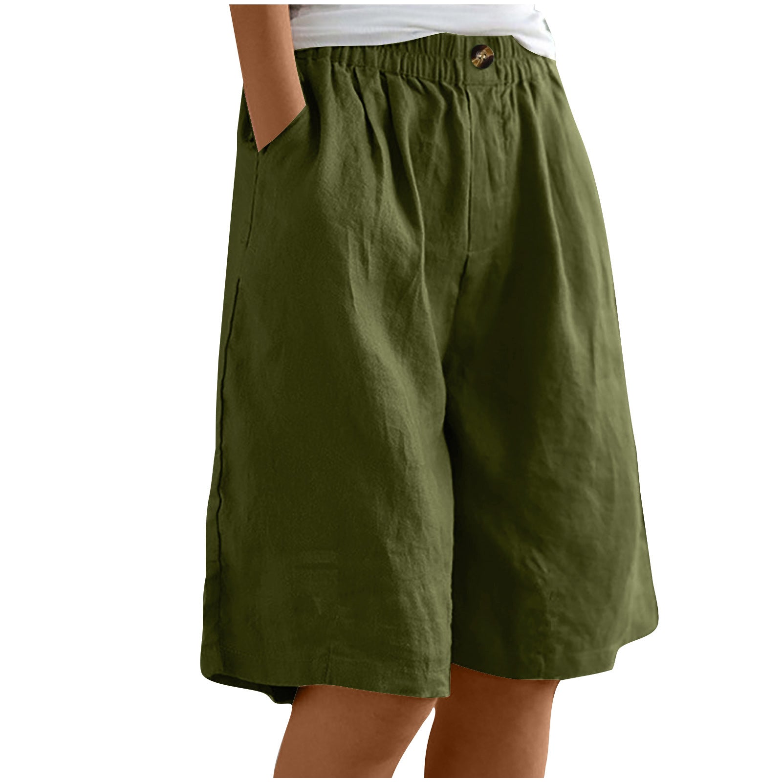Brown shorts worn by a person on a white background