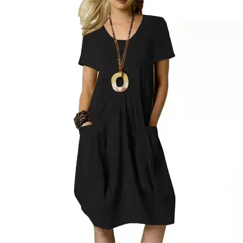 Loose Cotton Linen Round Neck Swing Dress - ZA-Zola
