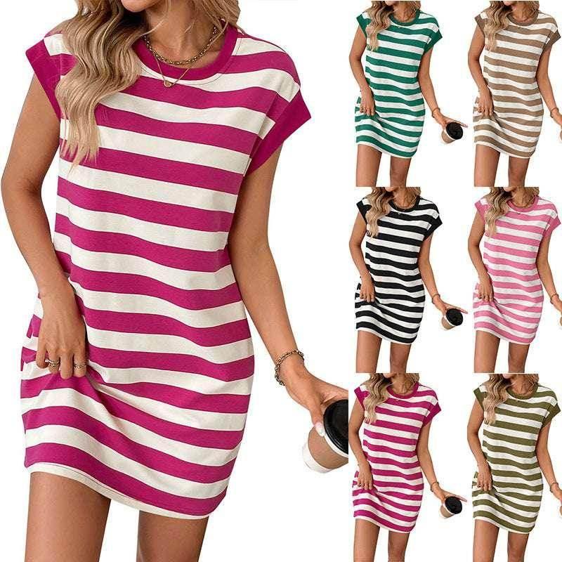 Women's Striped Casual Dress with Pockets - Short Sleeve - ZA-Zola