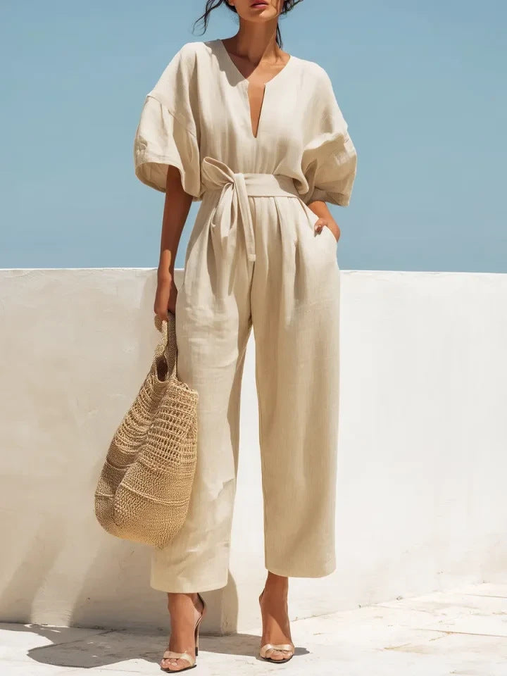 Fashionable V-Neck Cotton Linen Jumpsuit for Women – Solid Color Wide Leg