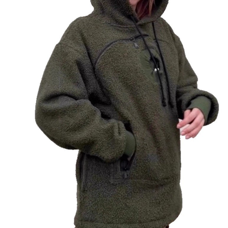 An oversized olive green sherpa fleece pullover hoodie with a drawstring hood and front zipper, shown on a model against a plain white background.