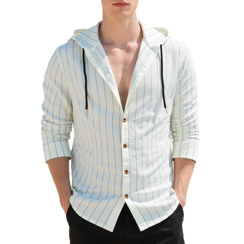 Man wearing a light-colored striped shirt with a hood on a white background