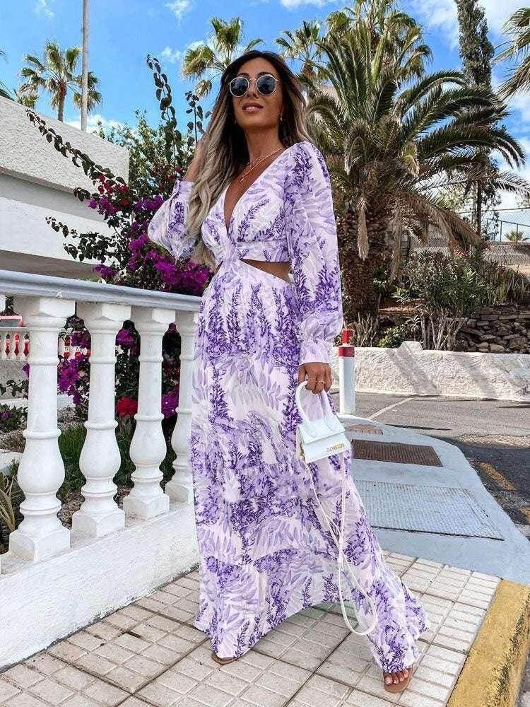 Elegant V-Neck Long Sleeve Chiffon Dress - ZA-Zola