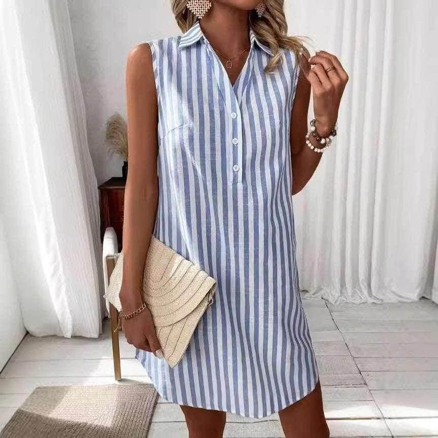 Striped V-Neck Sleeveless Shirt Dress – Cotton - ZA-Zola