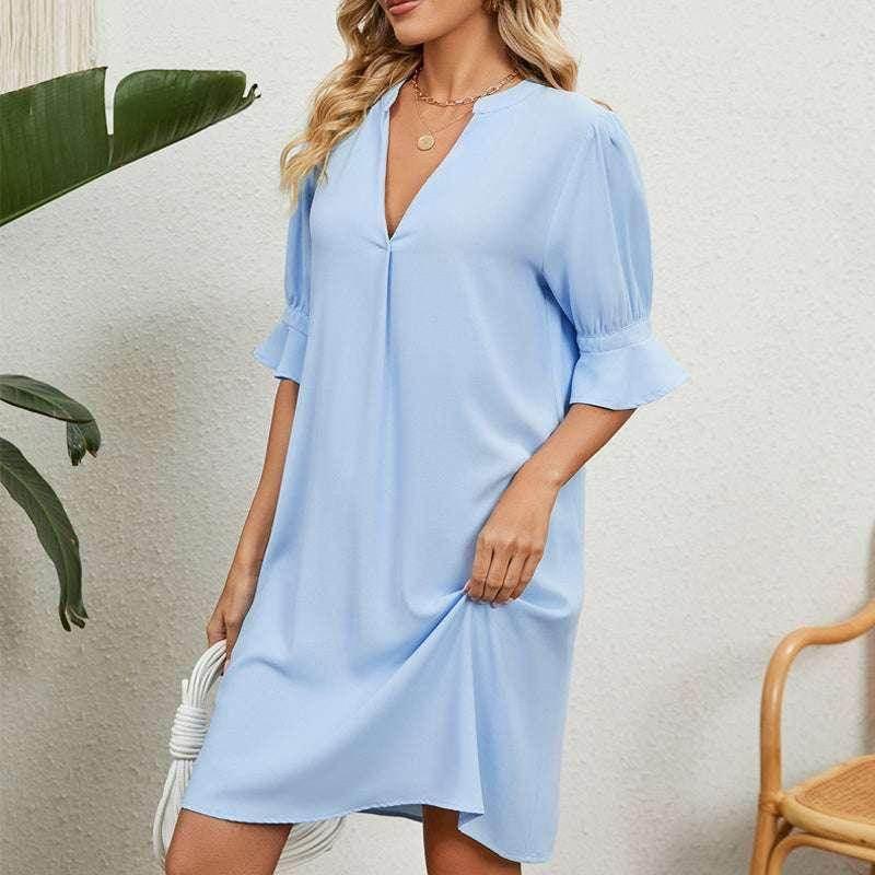 V-Neck Pleated Ice Silk Summer Dress for Women - ZA-Zola