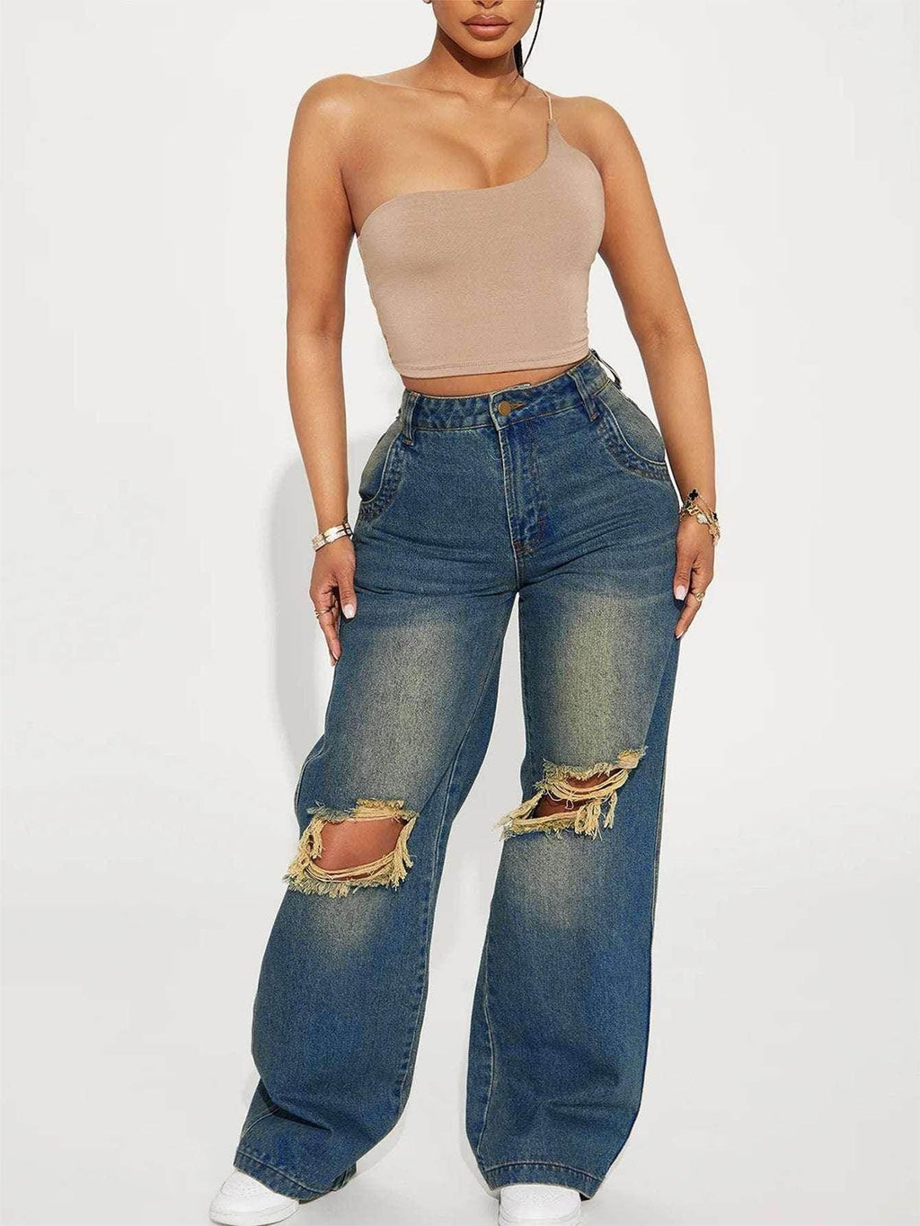 Ripped Sea Blue Wide-Leg Retro Jeans - ZA-Zola