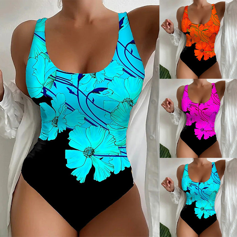 Collage of women wearing colorful floral swimsuits with a white background.