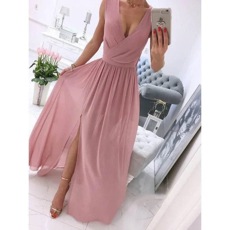 Women's Summer V-Neck Sleeveless Front-Slit Long Dress (S–2XL) - ZA-Zola