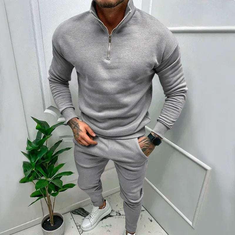 Men’s Casual Fleece Suit – Solid Color Top & Trousers - ZA-Zola