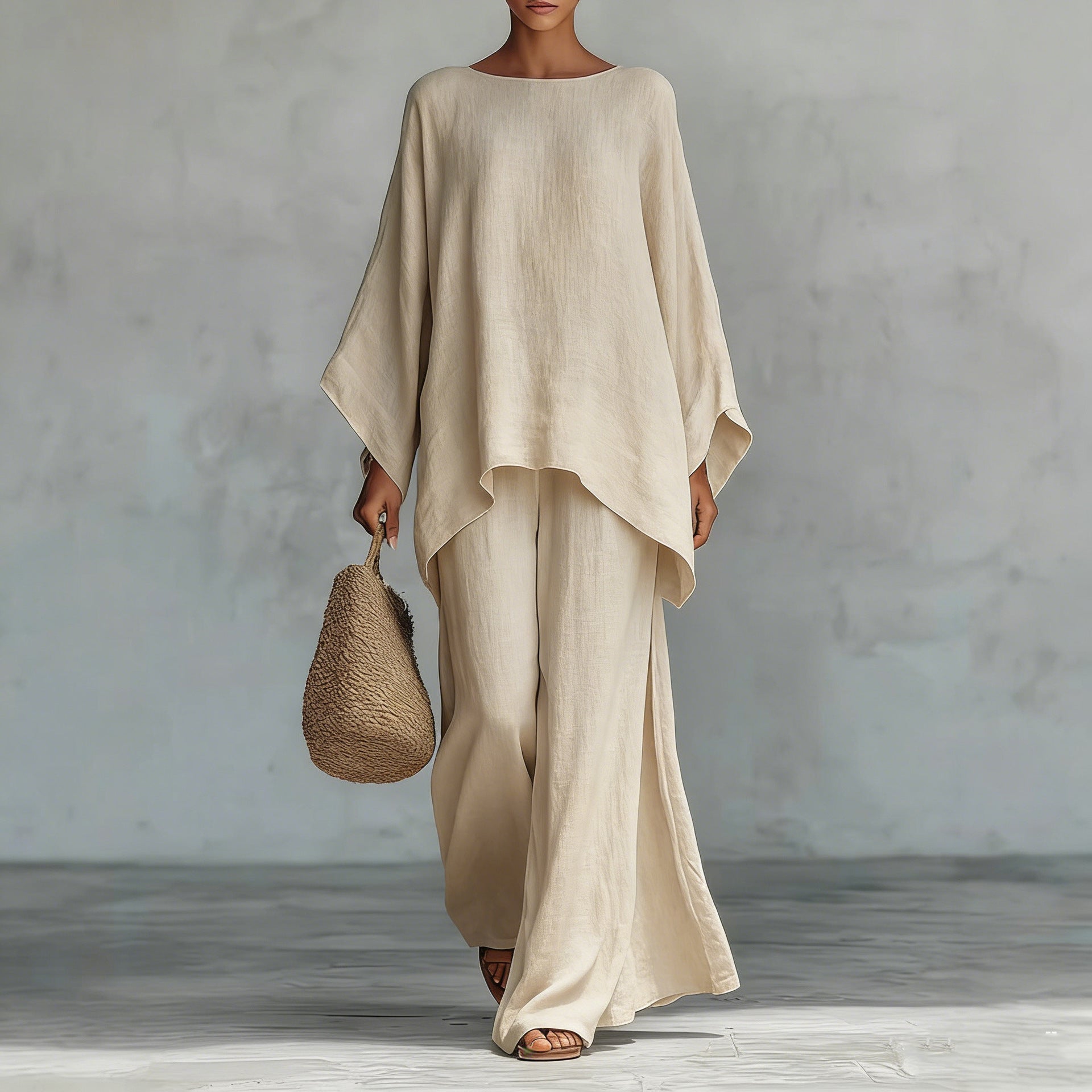 Person wearing a beige outfit holding a woven bag against a gray background