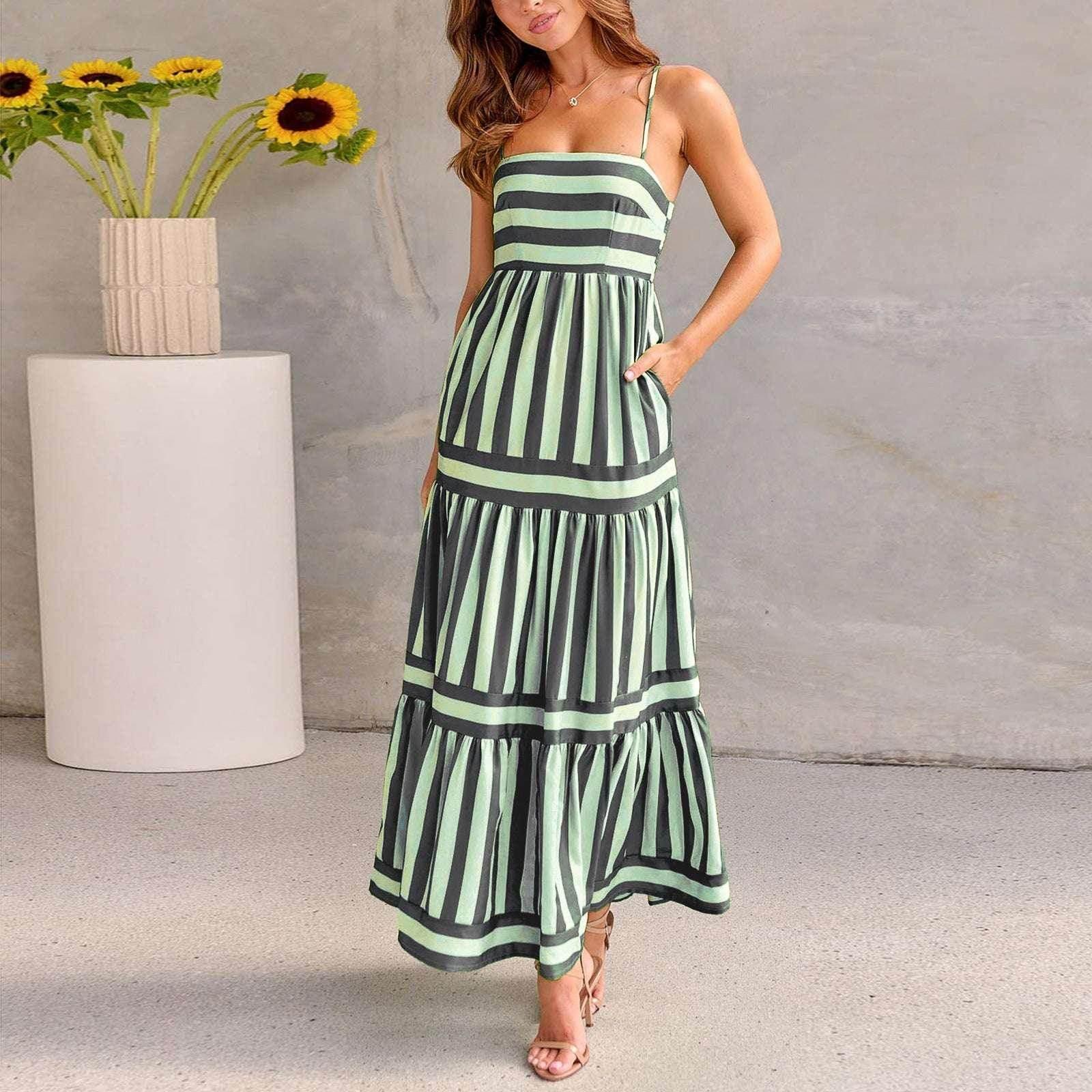Women's Summer Striped Suspender Backless Dress with Pockets - ZA-Zola